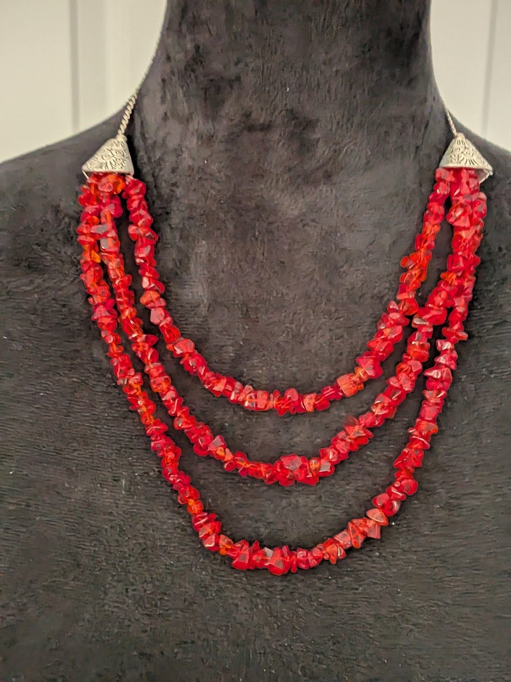 Red - Orange Carnelian Crystal Multi-Strand Necklace 11" Vintage 1968s